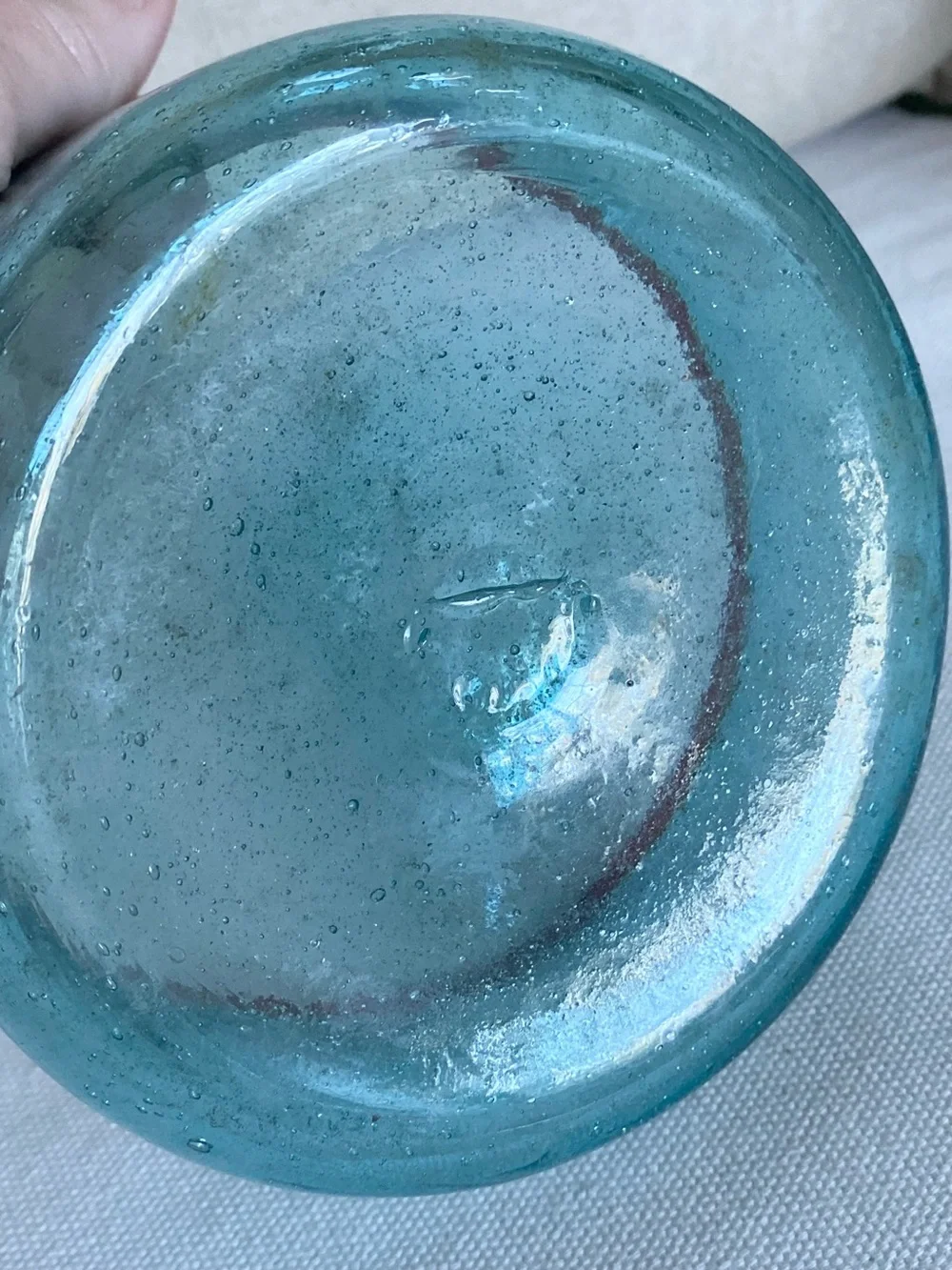 Handcrafted Recycled Glass Bowl Turquoise Aqua Blue with Red Amber Rim